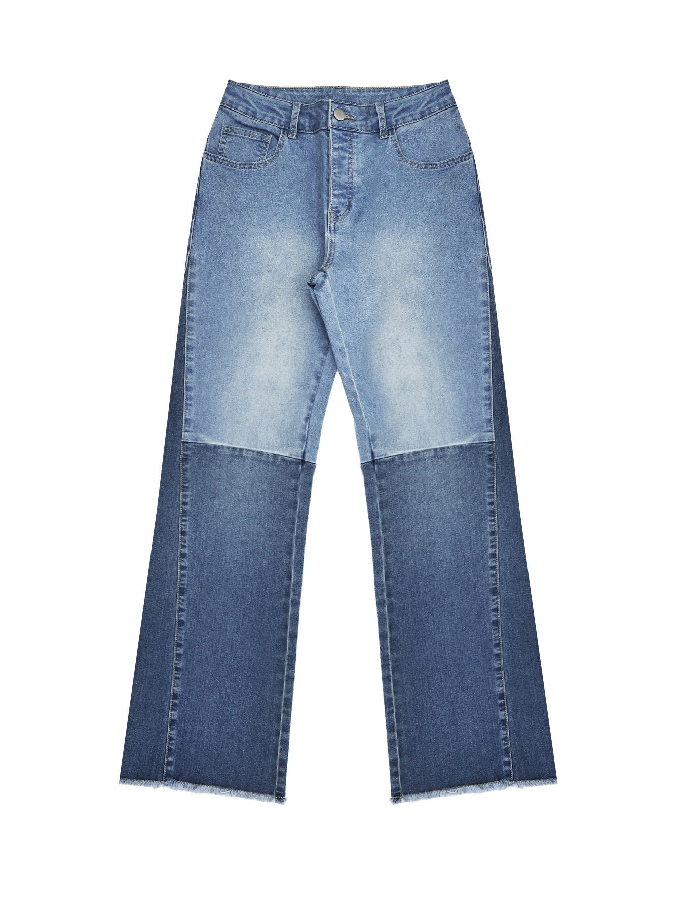 Calças jeans femininas de patchwork com temperamento moderno e boca de sino