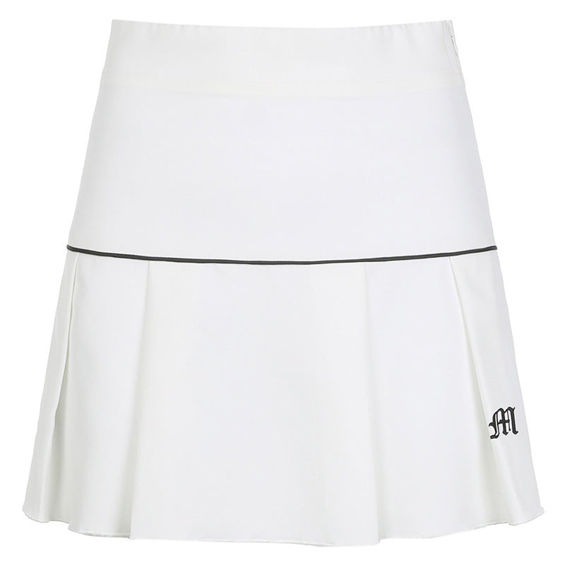 High Waist Teething Embroidery Contrast Pleated Skirt